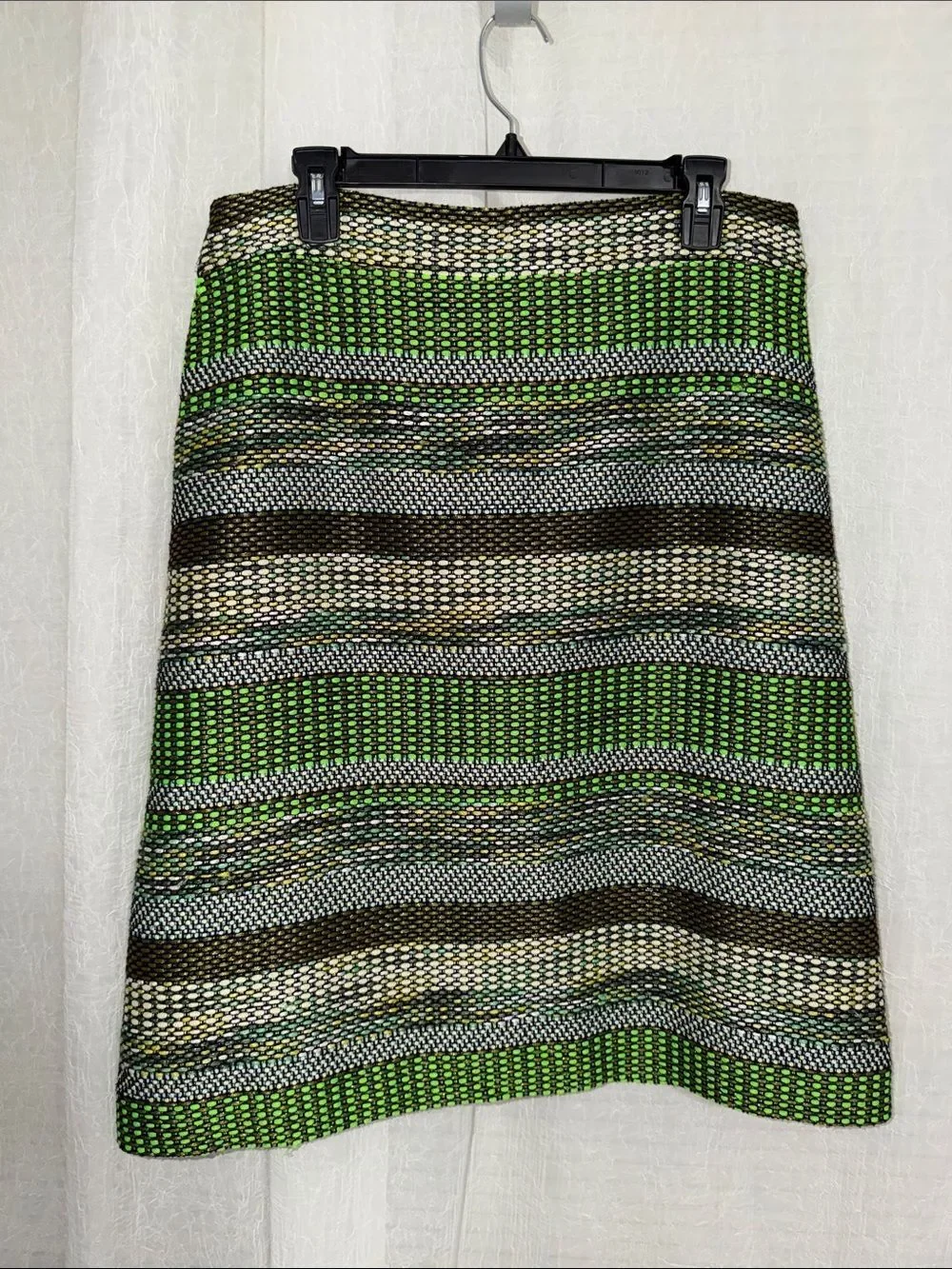 Anthropologie 14 LEIFSDOTTIR Jade Green Tweed Striped Pencil Knee length Skirt